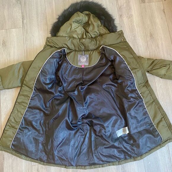 Vince Camuto Olive Green Down Puffer Coat with Faux Fur Trim Removable Hood - Picture 13 of 15